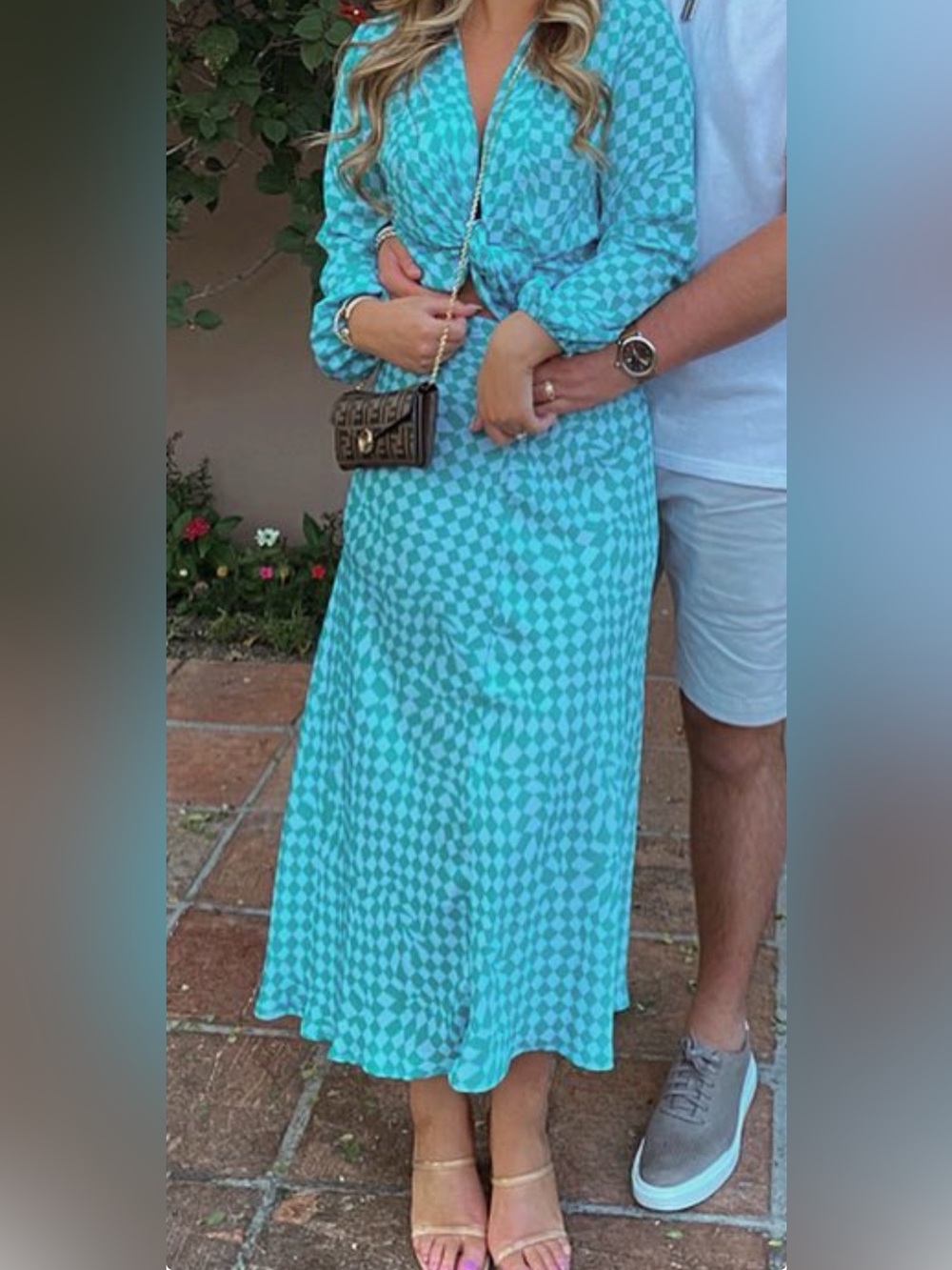 RESA Two-Piece Teal Geo Print Set - Tie front cropped top and midi skirt.